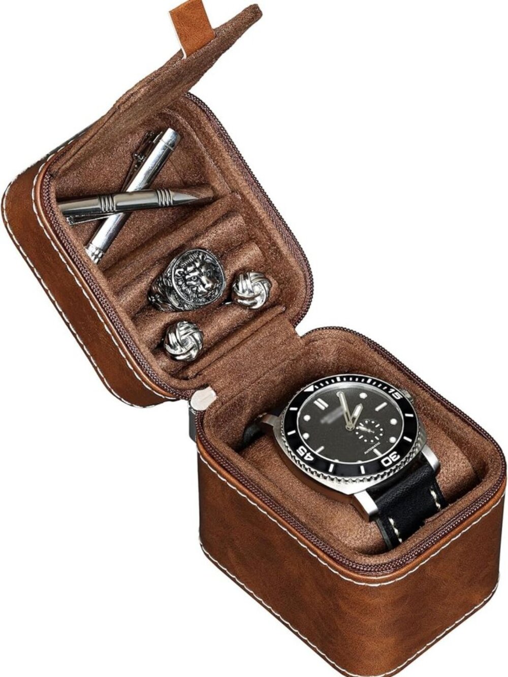 Compact Watch Travel Case with Accessory Compartment | PU Leather, Fits Up to